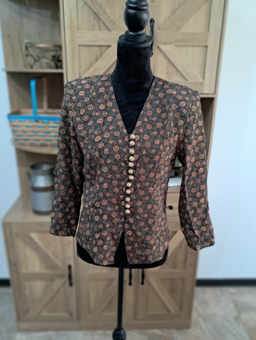 Vintage 1970s Joi Button Down Blouse Green Orange Geometric Pattern Classic